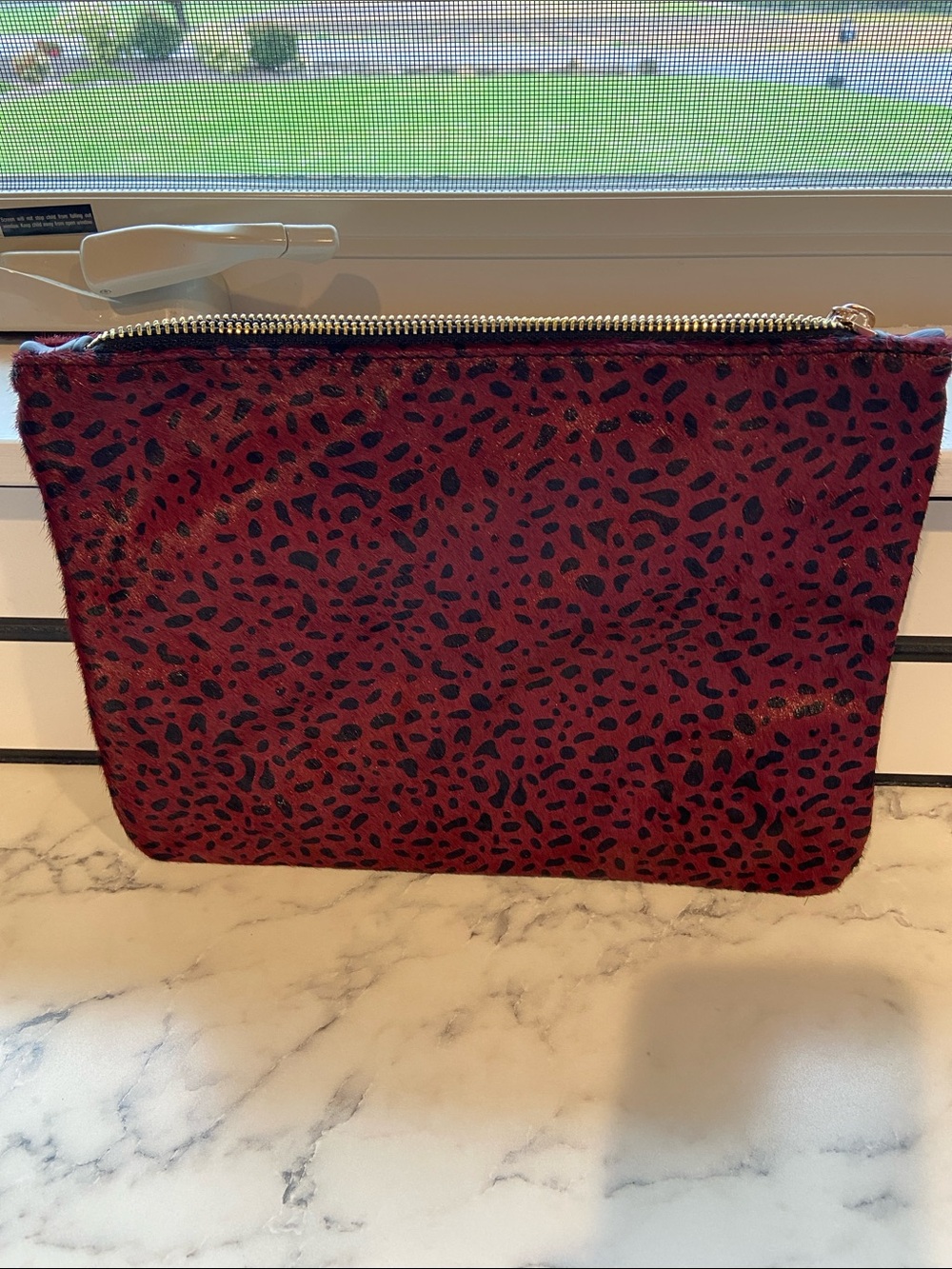 Sole Society Burgundy Leopard Print Zip Clutch with Gold Hardware